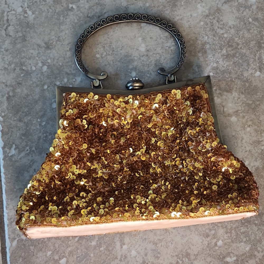 Vintage Gold Sequin Top Handle Clutch Kiss Lock Lined Silver Hardware Women j